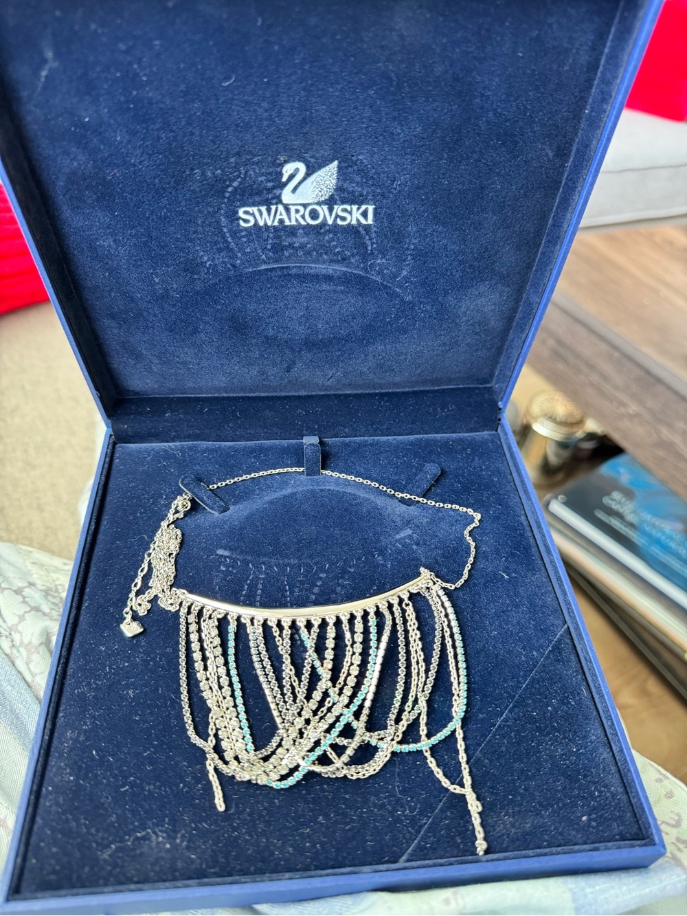 Swarovski Silver-Tone Multi-Strand Draped Fringe Necklace with Aqua Accents